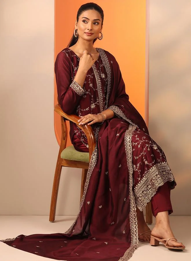 Libas Maroon Embroidered Silk Blend Straight Kurta, Trousers And Dupatta Set