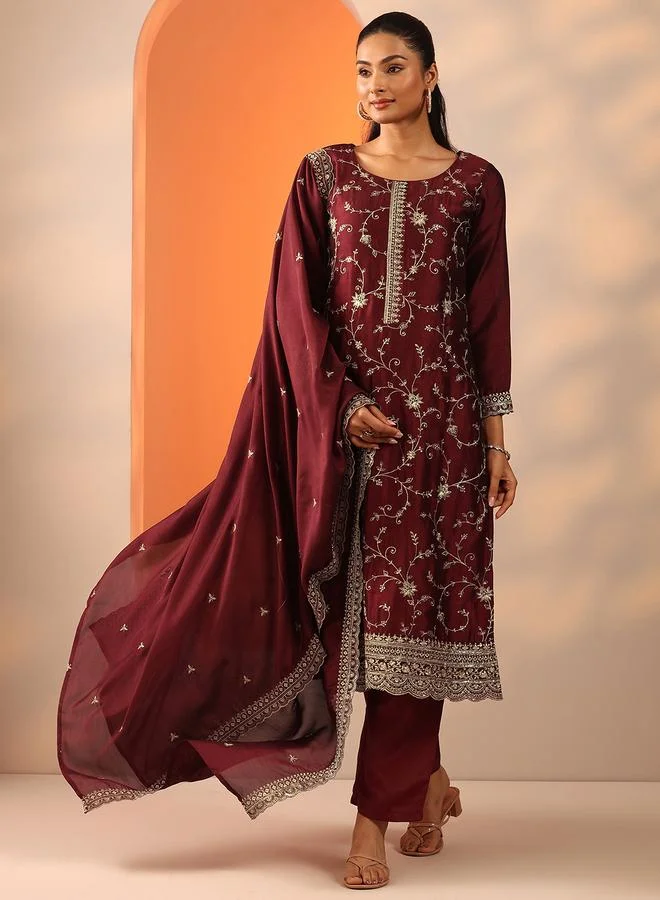 Libas Maroon Embroidered Silk Blend Straight Kurta, Trousers And Dupatta Set