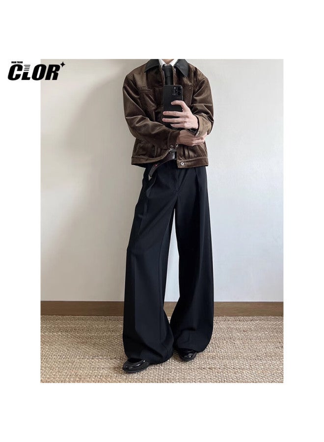 Clor Pleated A-line Casual Trousers For Men, Autumn And Winter Wide-leg Draping Loose Straight-leg Pants Cl75 Black L - Image 1