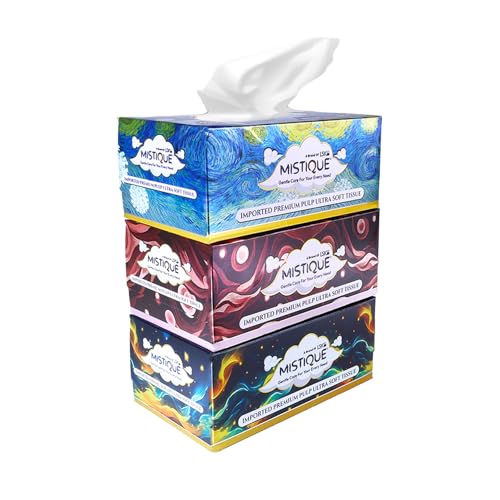 MISTIQUE 2 Ply Facial Tissue Paper Box | 600 Pulls | 200 Pulls x 3 Boxes | Natural Virgin Pulp | Ultra Soft, Skin Friendly & Highly Absorbent | Multipurpose Car, Home & Office Use - Image 1