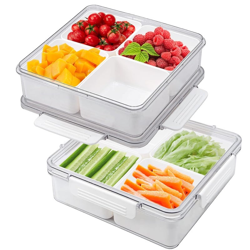 ConvertKitchen Stackable Divided Veggie Trays with Lids | Square Appetizer Relish Serving Platters with 4 Compartment Snack Containers | Food Fruit Organizers | Pack of 2 - Image 1