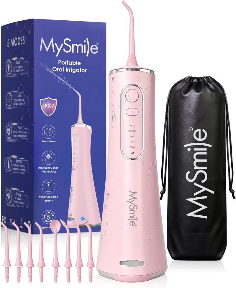 ماي سمايل جهاز تنظيف الأسنان بالماء MySmile، جهاز ري فموي لاسلكي، 5 أوضاع تنظيف، 8 رؤوس نفاثة قابلة للاستبدال، مقاوم للماء بمعيار IPX7، قابل لإعادة الشحن عبر USB، مع حقيبة PU للعناية بالأسنان (وردي) - Image 1