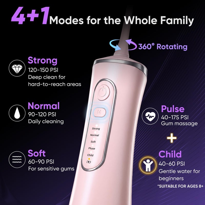ماي سمايل جهاز تنظيف الأسنان بالماء MySmile، جهاز ري فموي لاسلكي، 5 أوضاع تنظيف، 8 رؤوس نفاثة قابلة للاستبدال، مقاوم للماء بمعيار IPX7، قابل لإعادة الشحن عبر USB، مع حقيبة PU للعناية بالأسنان (وردي) - Image 3