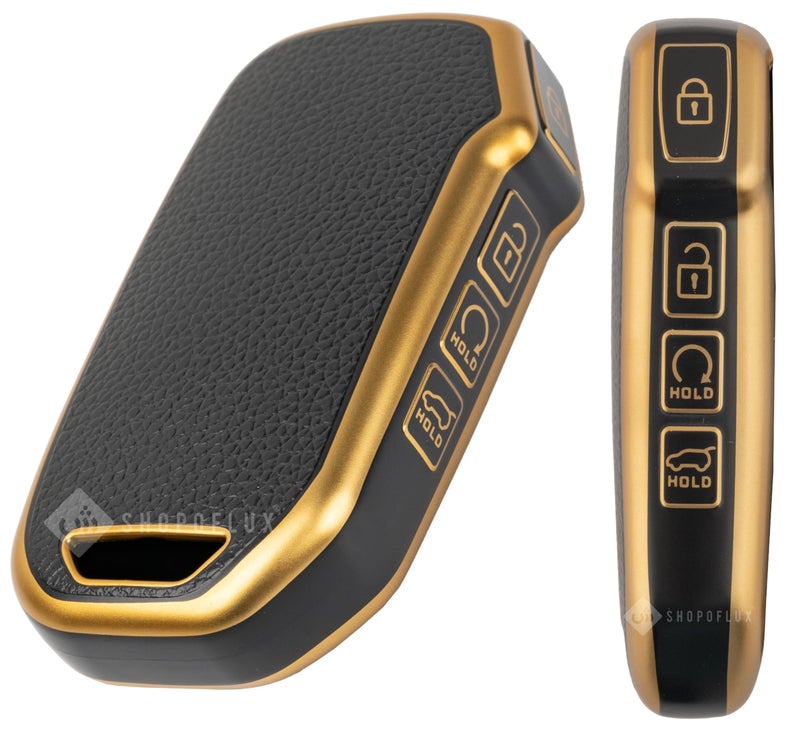 SHOPOFLUX Leather TPU Key Cover Compatible with Kia Seltos 2024 2023 Facelift HTX | Carens Clavis X Line | Sonet Facelift 4 Button Smart Key (Black) - Image 1