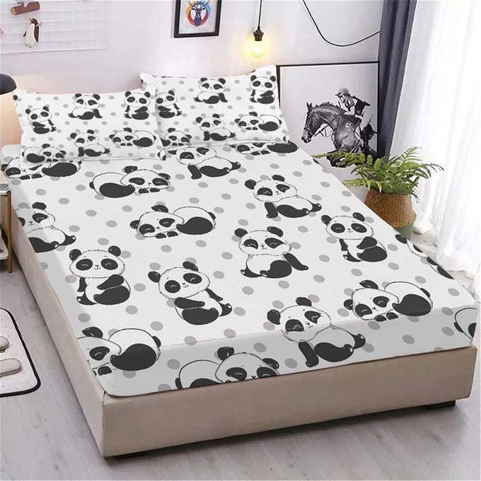 CUTE PANDA FITTED SHEET AND PILLOWCASE TWIN SIZE POLKA DOT LOVELY PANDA SHEET SET FOR KIDS BOYS GIRLS TEENS SOFT MICROFIBER CARTOON ANIMAL FUN BEDDING DECOR 2 PIECE KIDS BED SHEET