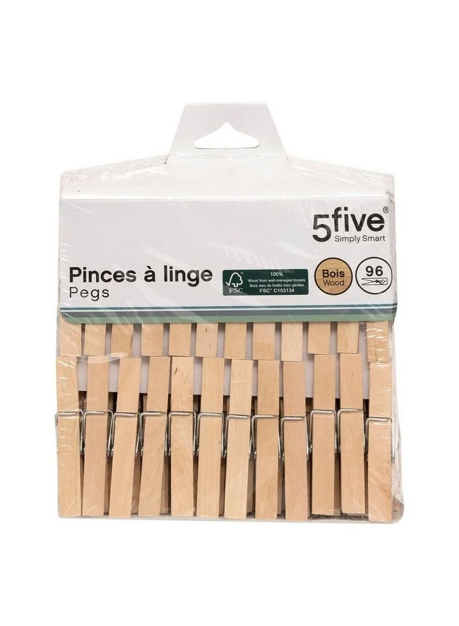 Five Simply Smart 96-Piece Durable Wooden Clothespin Natural 1.4 x 1.2 x 7.2 cm 202417