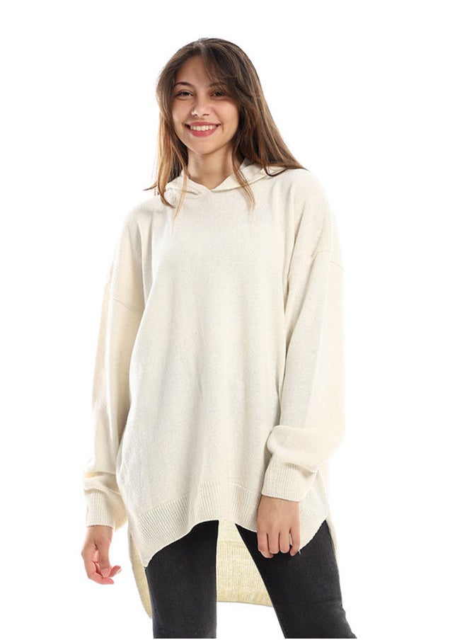 Andora - Hooded Neck High Low Knitted Off-White Pullover - Image 1