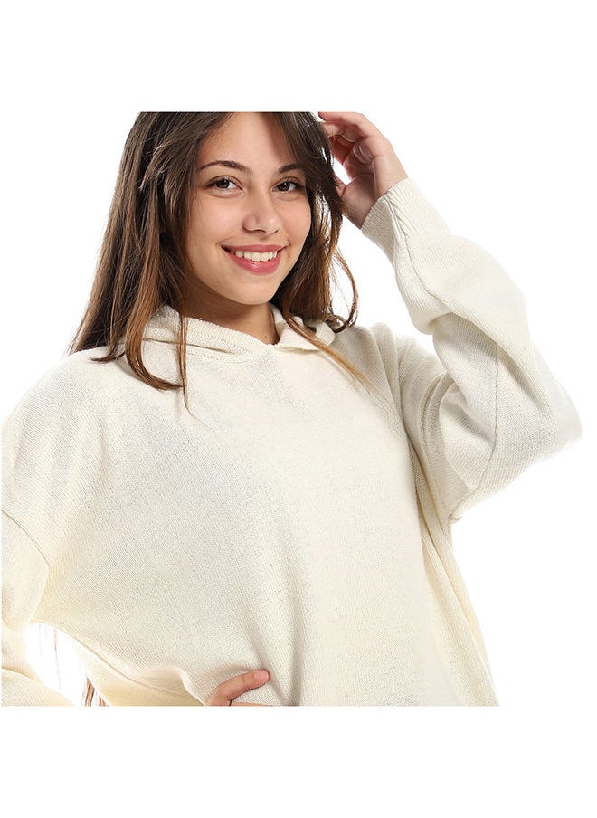 Andora - Hooded Neck High Low Knitted Off-White Pullover - Image 1