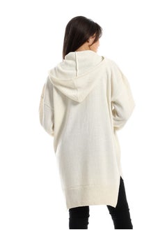 Andora Hooded Neck High Low Knitted Off-White Pullover  - Image 3