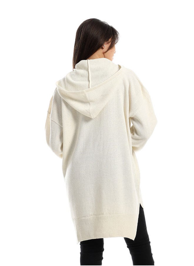 Andora - Hooded Neck High Low Knitted Off-White Pullover - Image 1