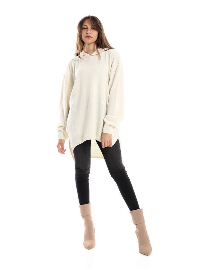 Andora - Hooded Neck High Low Knitted Off-White Pullover - Image 1
