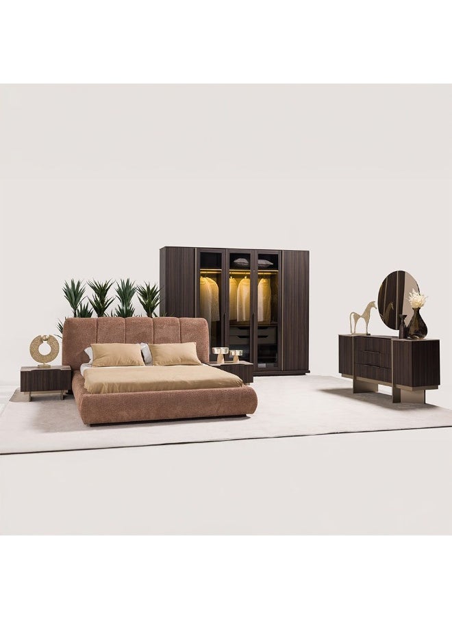DANUBE HOME Stella 180x200 King Bed with Storage, 2 Nightstands & Dresser with Mirror Modern King Size Bed Set for Bedroom, Stylish Furniture with Storage & Elegant Home Décor - Peach / Walnut Brown  - Image 1