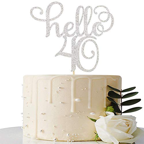 Festiko®Sliver Glitter Hello 40 Cake Topper - Cheer to 40th Years - 40 and Fabulous Cake Topper - 40th Birthday/Wedding Anniversary Party Sign Decorations - Image 1