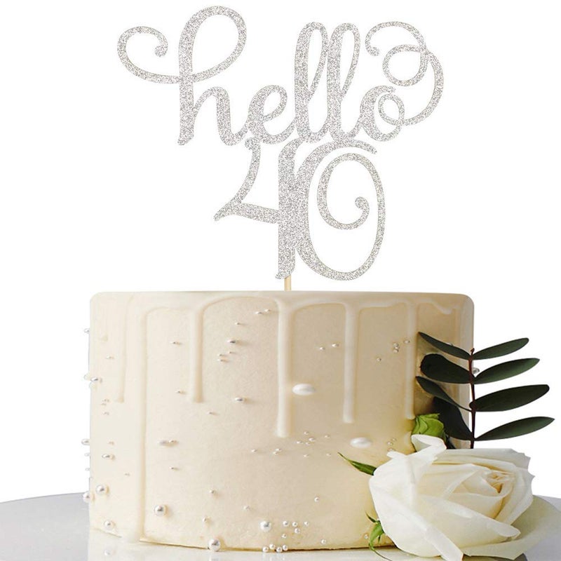 Festiko®Sliver Glitter Hello 40 Cake Topper - Cheer to 40th Years - 40 and Fabulous Cake Topper - 40th Birthday/Wedding Anniversary Party Sign Decorations - Image 4