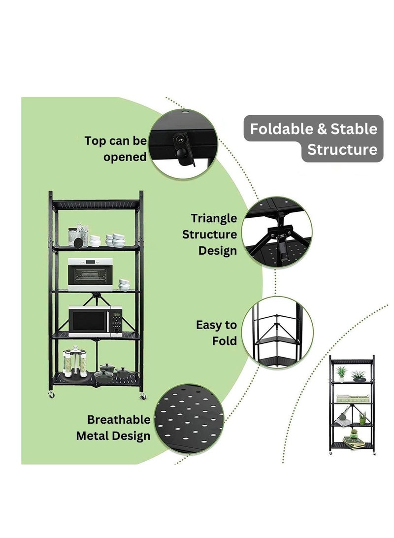 جيكو منظم تخزين قابل للطي من GECKO مكون من 5 طبقات وحدة رفوف تخزين معدنية شديدة التحمل مع عجلات خزانة مطبخ متعددة الأغراض رف تخزين رف لغرفة المعيشة وغرفة النوم والمطبخ (5 طبقات معدنية) - Image 3