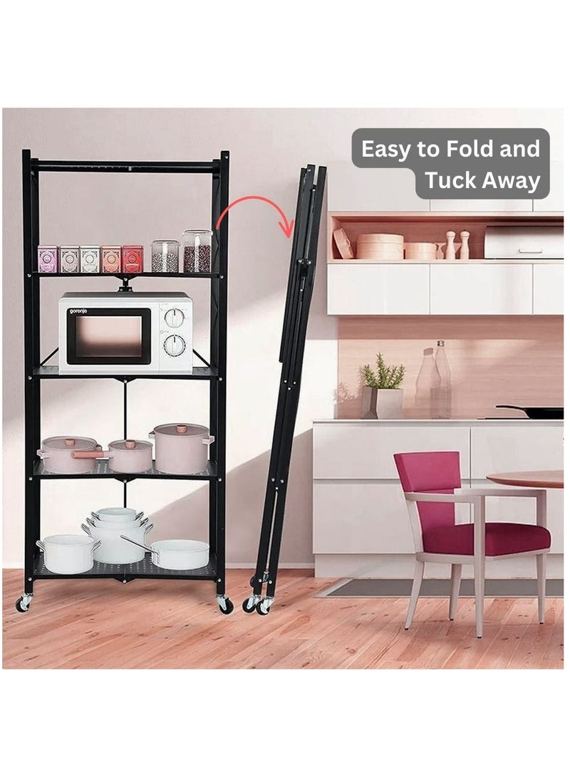 جيكو منظم تخزين قابل للطي من GECKO مكون من 5 طبقات وحدة رفوف تخزين معدنية شديدة التحمل مع عجلات خزانة مطبخ متعددة الأغراض رف تخزين رف لغرفة المعيشة وغرفة النوم والمطبخ (5 طبقات معدنية) - Image 5