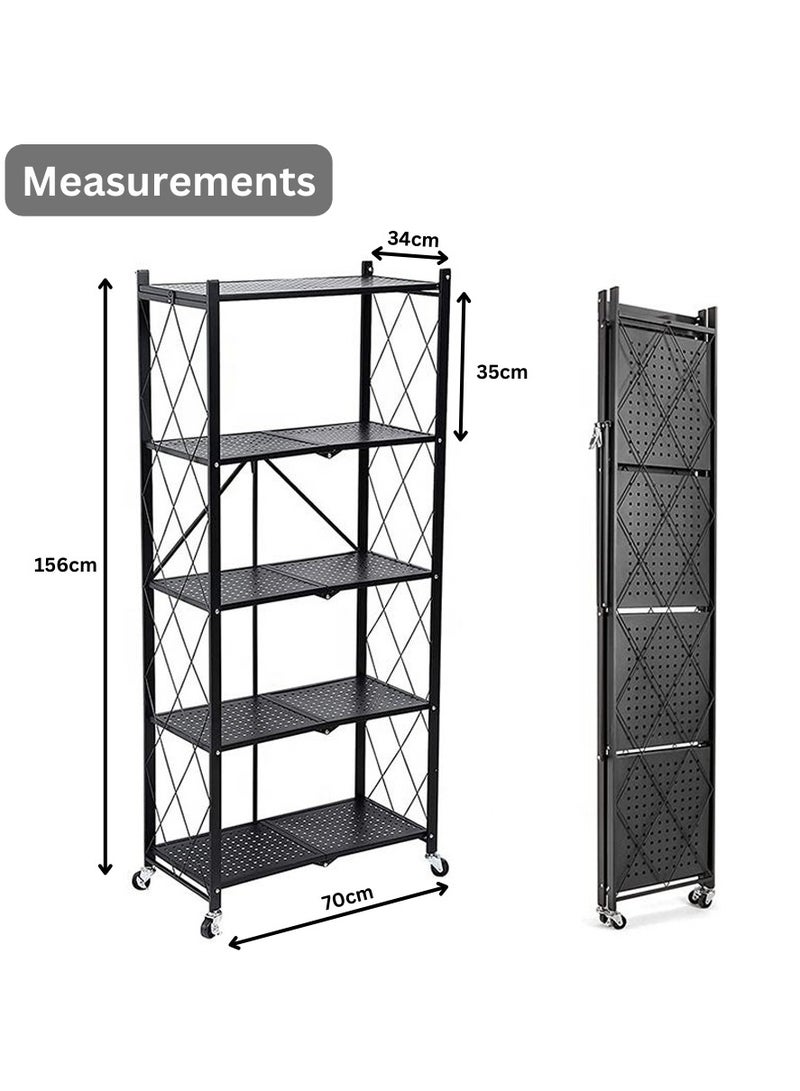 جيكو منظم تخزين قابل للطي من GECKO مكون من 5 طبقات وحدة رفوف تخزين معدنية شديدة التحمل مع عجلات خزانة مطبخ متعددة الأغراض رف تخزين رف لغرفة المعيشة وغرفة النوم والمطبخ (5 طبقات معدنية) - Image 2