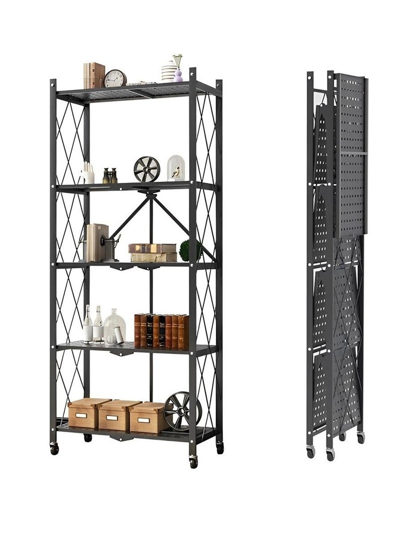 جيكو منظم تخزين قابل للطي من GECKO مكون من 5 طبقات وحدة رفوف تخزين معدنية شديدة التحمل مع عجلات خزانة مطبخ متعددة الأغراض رف تخزين رف لغرفة المعيشة وغرفة النوم والمطبخ (5 طبقات معدنية) - Image 1
