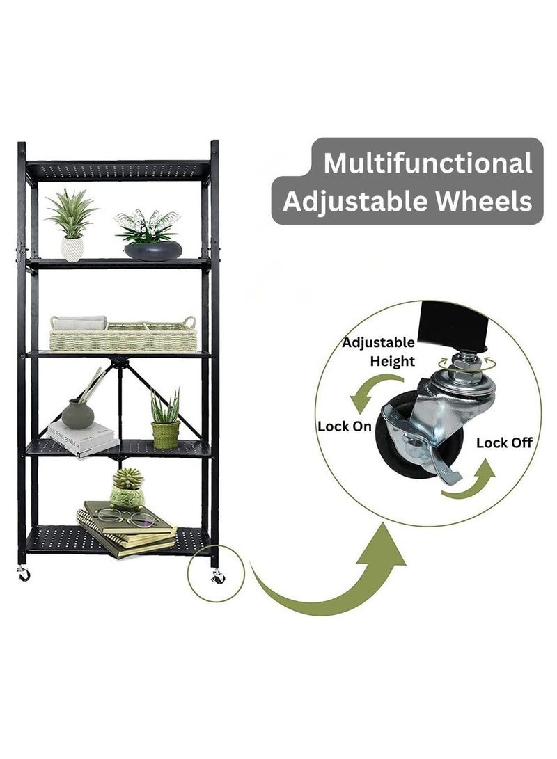 جيكو منظم تخزين قابل للطي من GECKO مكون من 5 طبقات وحدة رفوف تخزين معدنية شديدة التحمل مع عجلات خزانة مطبخ متعددة الأغراض رف تخزين رف لغرفة المعيشة وغرفة النوم والمطبخ (5 طبقات معدنية) - Image 4