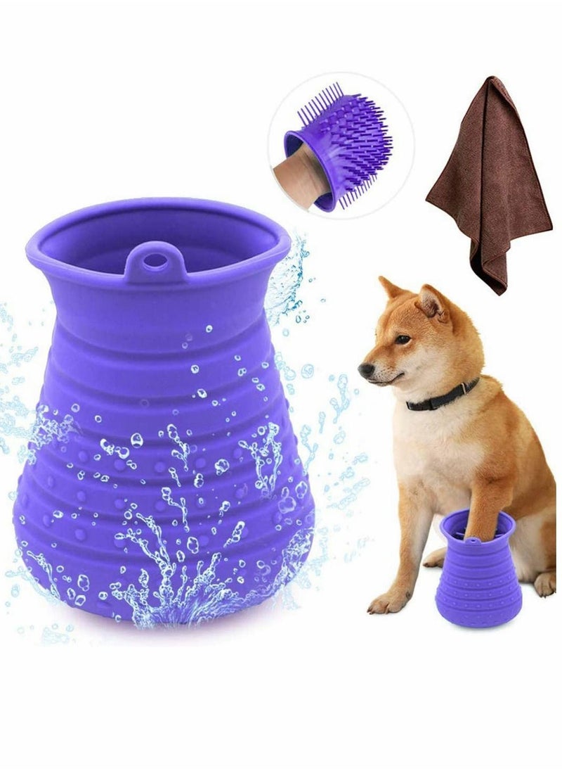 Y&D Dog Paw Cleaner Protable Pet Cleaning Brush with Towel for Dogs Cats Massage Grooming Dirty Claws (Purple) Massager Soft Silicone  - Image 1
