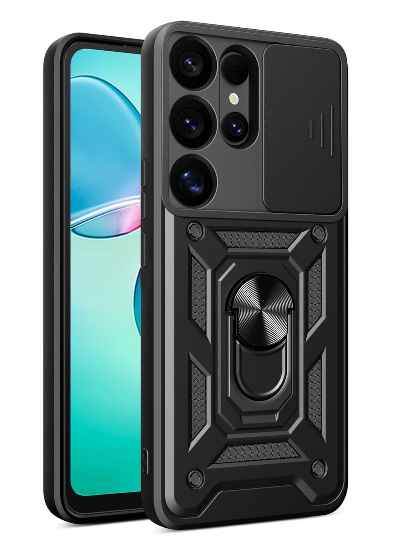 Shunjia Sliding Window Case, Shockproof Rugged Armor with Sliding Camera Cover & 360° Ring Kickstand, Compatible with Samsung Galaxy S25 Ultra (Black)