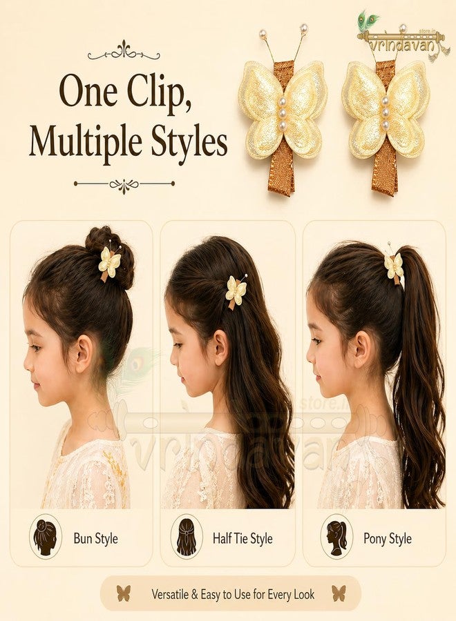 Vrindavanstore.in Butterfly Hair Clips for Kids & Women | Pearl Butterfly Hair Pin | Cute Hair Accessories for Baby Girls | Stylish Butterfly Hair Barrettes for Toddlers | Hair Clip Pack of 2 | Golden Cream - Image 5