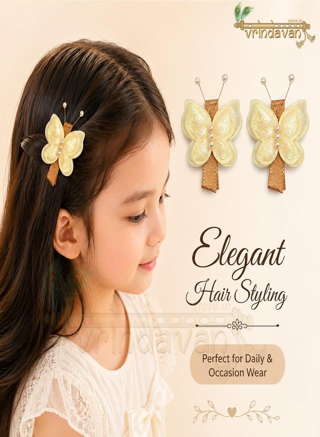 Vrindavanstore.in Butterfly Hair Clips for Kids & Women | Pearl Butterfly Hair Pin | Cute Hair Accessories for Baby Girls | Stylish Butterfly Hair Barrettes for Toddlers | Hair Clip Pack of 2 | Golden Cream - Image 3