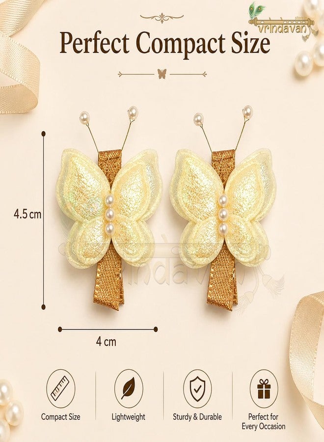 Vrindavanstore.in Butterfly Hair Clips for Kids & Women | Pearl Butterfly Hair Pin | Cute Hair Accessories for Baby Girls | Stylish Butterfly Hair Barrettes for Toddlers | Hair Clip Pack of 2 | Golden Cream - Image 2