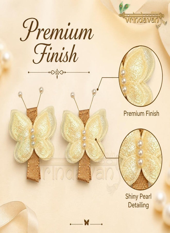 Vrindavanstore.in Butterfly Hair Clips for Kids & Women | Pearl Butterfly Hair Pin | Cute Hair Accessories for Baby Girls | Stylish Butterfly Hair Barrettes for Toddlers | Hair Clip Pack of 2 | Golden Cream - Image 4