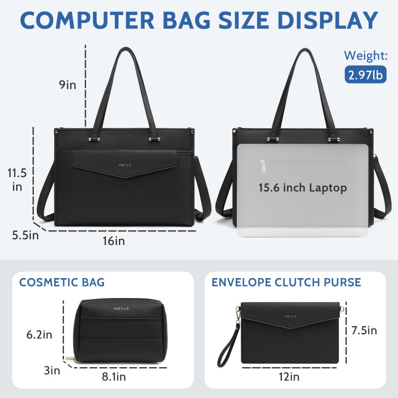 Keyli 3pc Sets Laptop Bag for Women, 15.6 Inch Lightweight Work Tote Bags Waterproof Leather Professional Computer Briefcase Shoulder Handbag Black Crossbody Purses for Business, Office, Travel - Image 4