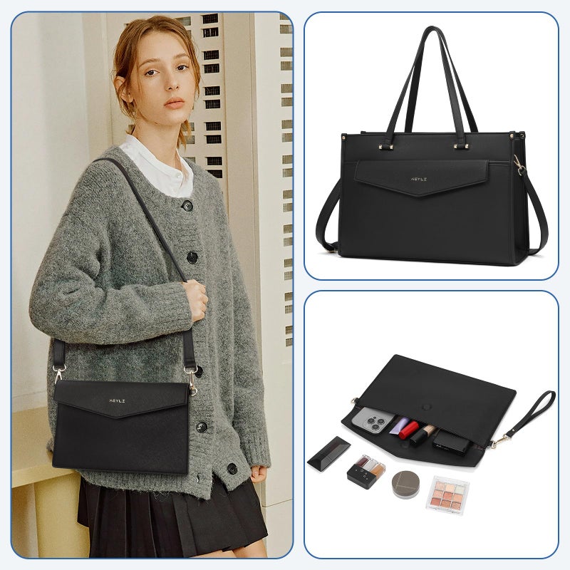 Keyli 3pc Sets Laptop Bag for Women, 15.6 Inch Lightweight Work Tote Bags Waterproof Leather Professional Computer Briefcase Shoulder Handbag Black Crossbody Purses for Business, Office, Travel - Image 5