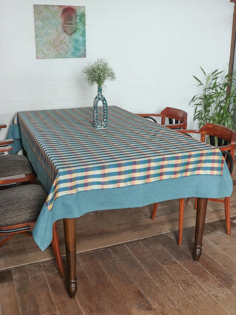 ZEBA World Table Cover with Patchwork Border | Checkered Brocade Silk - Blue | Heat Resistant Table Cover for Kitchen Table/Dining Table Cloth, 52 X 84 Inches; 130 cm X 210 cm - Image 1