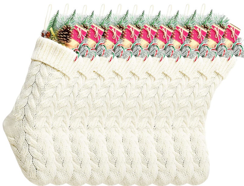 Kunyida Christmas Stockings 18 Inches Ivory Cable Knitted Stocking for Xmas Holiday Decoration 10 Pack