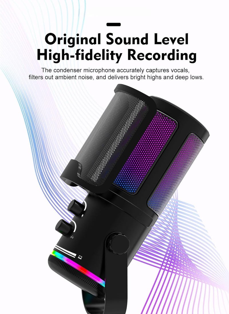 إف إتش ميكروفون ألعاب USB للكمبيوتر، ميكروفون ديناميكي RGB مع حامل ذراع الرافعة، ميكروفون عازل للضوضاء للبث المباشر، البودكاست، يوتيوب، ديسكورد، كتم باللمس، التحكم في الكسب، المراقبة في الوقت الفعلي - Image 4