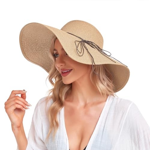 DECHISY Beach Hats for Women, Straw Hats for Women Sun Hat Floppy, Wide Brim Hats for Women Foldable UPF 50+ UV Protection Summer Hat Khaki - Image 1