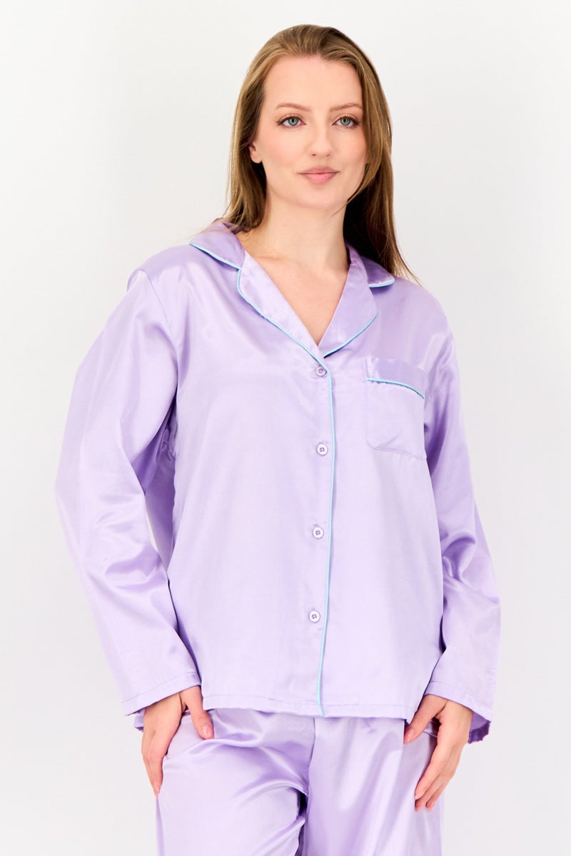 bebe Women 2 Pcs Solid Long Sleeve Pyjama Set, Purple - Image 2