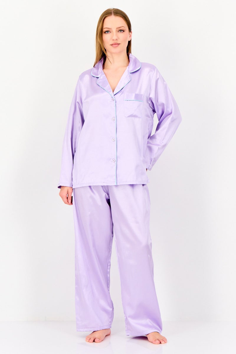 bebe Women 2 Pcs Solid Long Sleeve Pyjama Set, Purple - Image 1