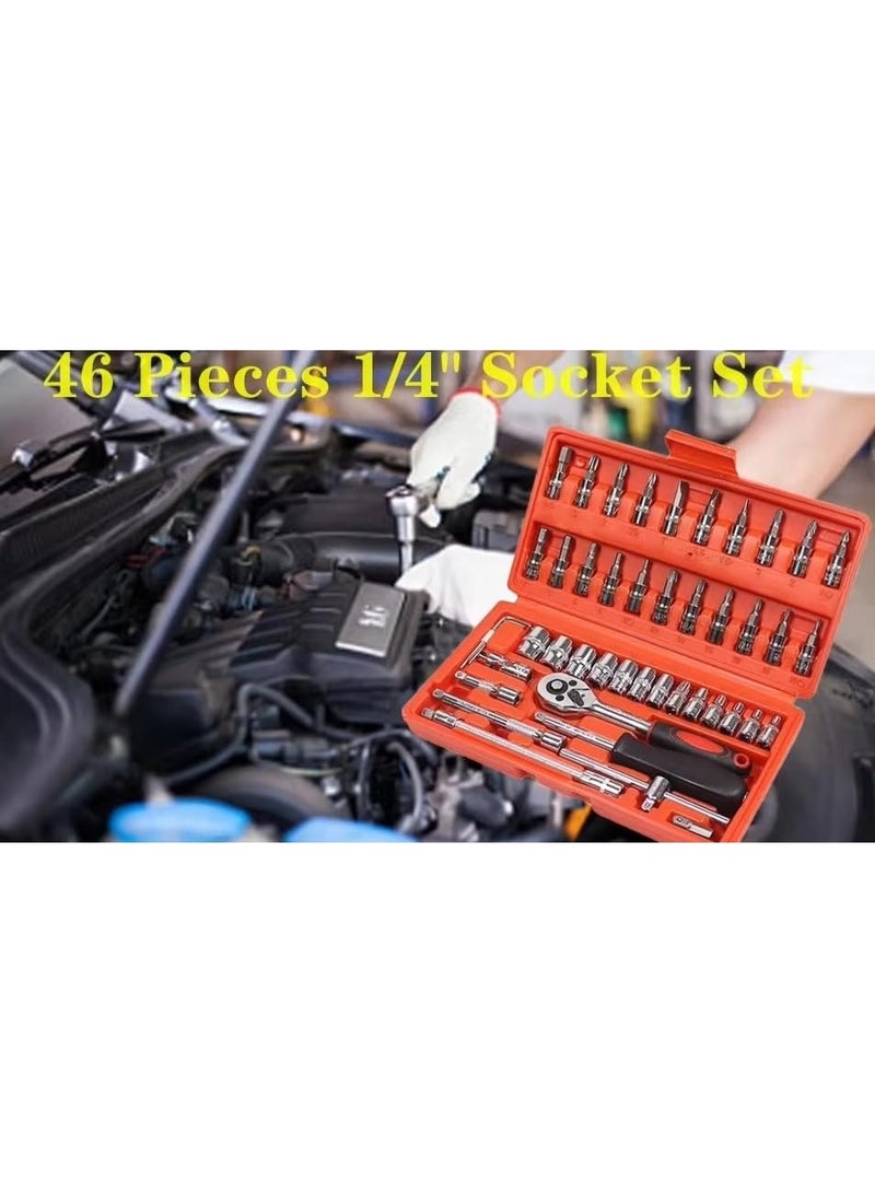 46-Piece 1/4" Drive Socket & Ratchet Set – Metric Tool Kit with Extension Bar, Torque Handle – Chrome Vanadium Steel for Auto & Home Repair – Portable Storage Case - Image 4