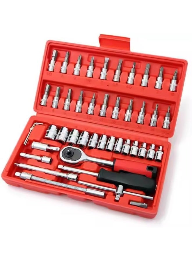 46-Piece 1/4" Drive Socket & Ratchet Set – Metric Tool Kit with Extension Bar, Torque Handle – Chrome Vanadium Steel for Auto & Home Repair – Portable Storage Case - Image 1