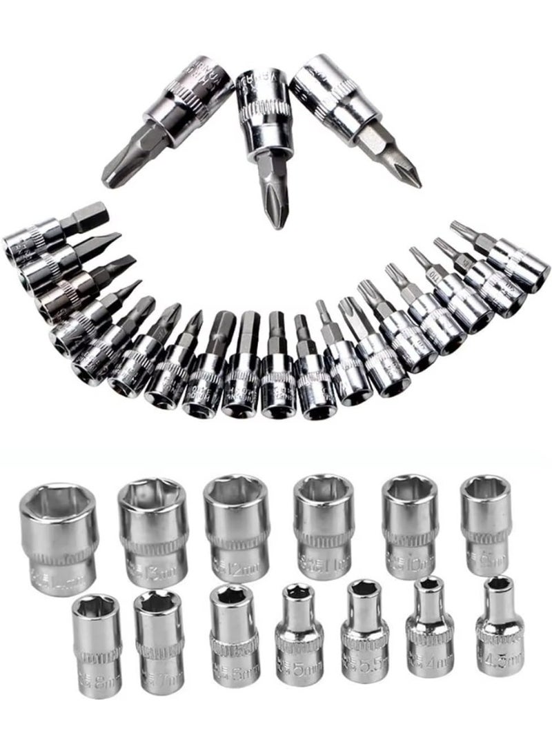 46-Piece 1/4" Drive Socket & Ratchet Set – Metric Tool Kit with Extension Bar, Torque Handle – Chrome Vanadium Steel for Auto & Home Repair – Portable Storage Case - Image 3