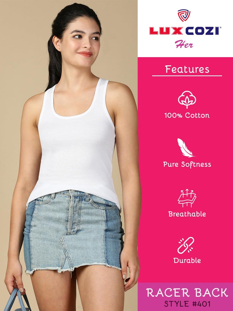 Lux Cozi Women's Pure Cotton Racerback Tank Top_COZIHER_401_Racerback_WH_80_3PC - Image 4