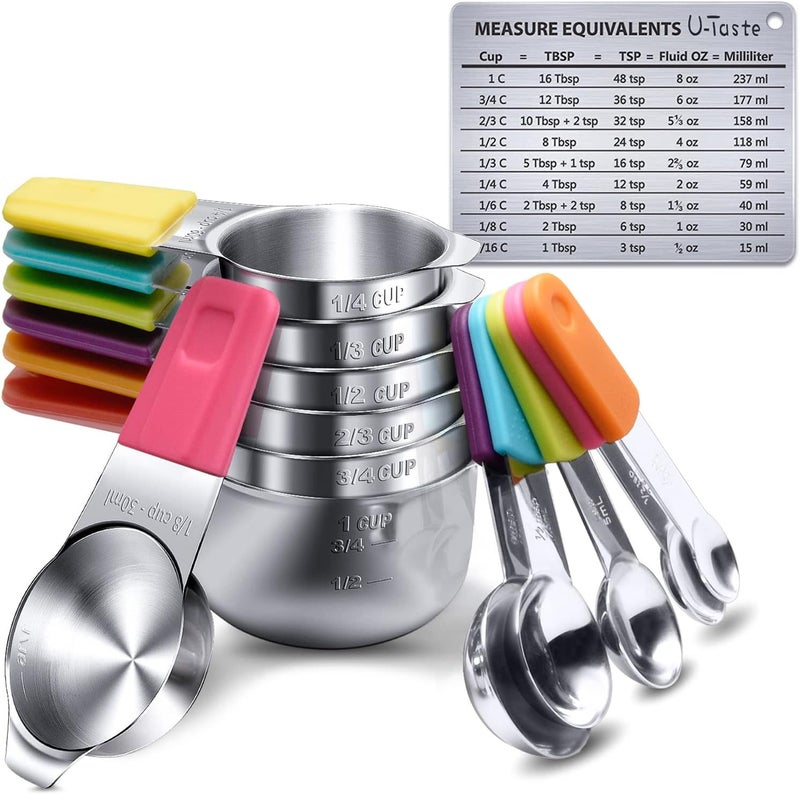 U-Taste Magnetic Measuring Cups Set: 18/8 Stainless Steel Nesting Measure Cup and Spoon 13 Piece: 7 Measuring Cups & 5 Measuring Spoons & 1 Professional Measurement Conversion Chart (Multicolor) - Image 1