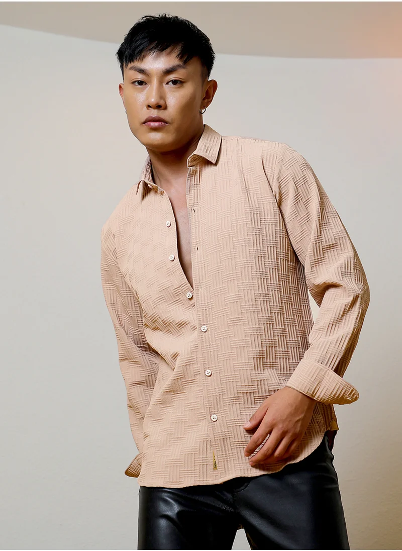 كامبوس سوترا Men's Beige Self-Design Intertwine Shirt