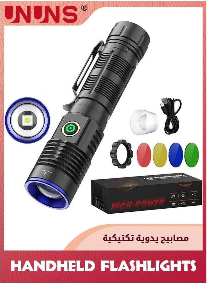UNUNS 5-In-1 LED Flashlight,Rechargeable Tactical Flashlight,2000 Lumen Powerful Flashlights,Zoomable Flash Light,4 Modes Lights With Multicolour Lens,Handheld Flashlamp For Emergency Camping Hiking  - Image 1