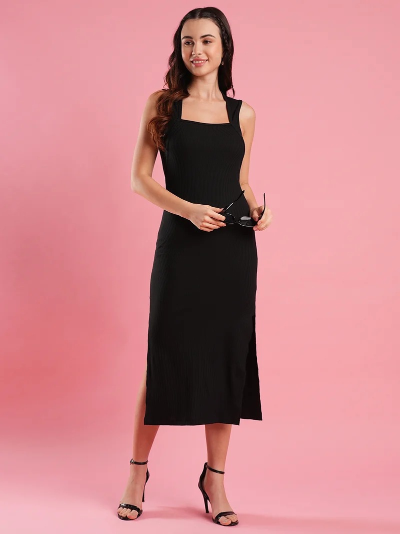 globus Women Square Neck Side Slit Ribbed Midi Bodycon Dress