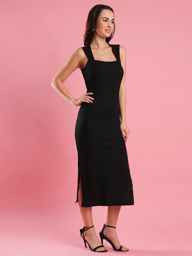 globus Women Square Neck Side Slit Ribbed Midi Bodycon Dress
