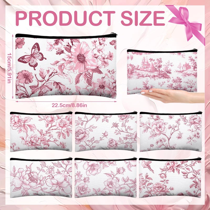 Stuffygreenus 24 Pcs Floral Cosmetic Bags Bulk for Women Pink and White Floral Makeup Bags Chinoiserie Canvas Travel Zipper Pouches Aesthetic Toiletry Bag for Girls Bridesmaids Wedding Supplies - Image 2