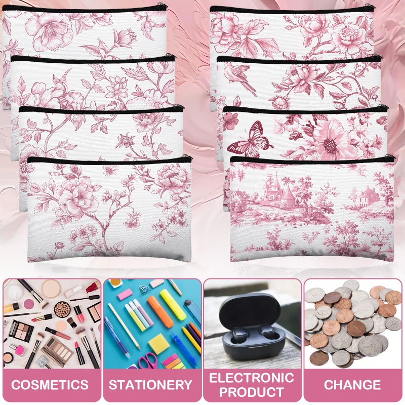 Stuffygreenus 24 Pcs Floral Cosmetic Bags Bulk for Women Pink and White Floral Makeup Bags Chinoiserie Canvas Travel Zipper Pouches Aesthetic Toiletry Bag for Girls Bridesmaids Wedding Supplies - Image 5