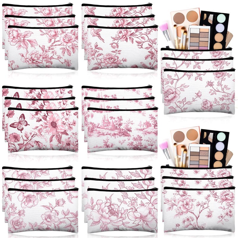 Stuffygreenus 24 Pcs Floral Cosmetic Bags Bulk for Women Pink and White Floral Makeup Bags Chinoiserie Canvas Travel Zipper Pouches Aesthetic Toiletry Bag for Girls Bridesmaids Wedding Supplies - Image 1