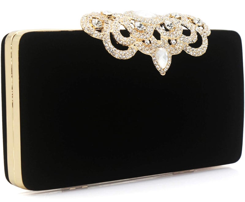 DEXMAY DM Dexmay Velvet Clutch with Rhinestone Crystal Crown Clasp Evening Bag for Formal Party Black Medium - Image 3